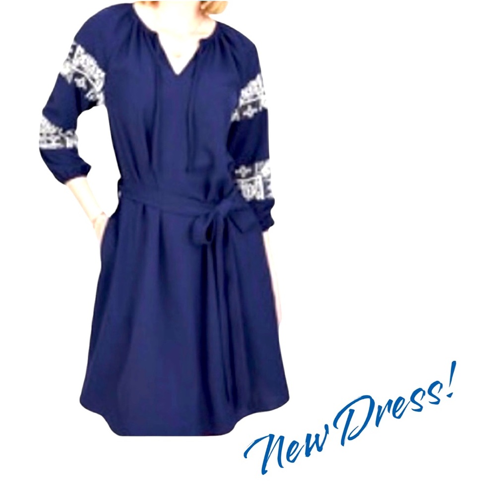 NWOT! Navy Blue Octavia Tie Waste Peasant with Pockets. Dress. Size S